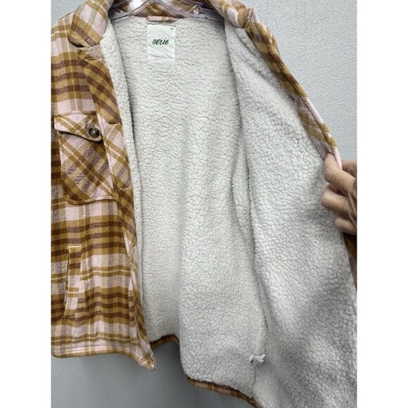 Aerie Womens Shacket Shirt Jacket Small Yellow Pink Plaid Flannel Sherpa Lined - Picture 8 of 11